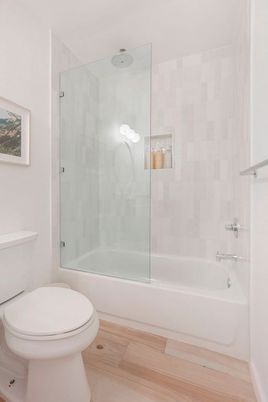Bathroom, Glass Shower, Interior, Wood Texture Flooring