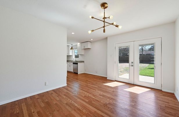 Empty room, Interior, Kitchen, Pendant Lights, Recessed Lighting, Wood Texture Flooring