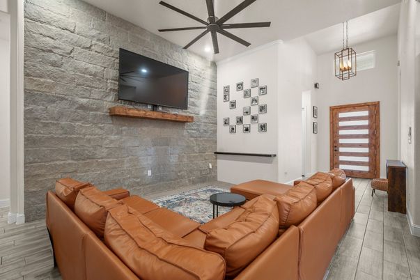 Interior, Living room, Pendant Lights, Stone Walls, Wood Texture Flooring