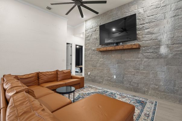 Interior, Living room, Stone Walls, Wood Texture Flooring