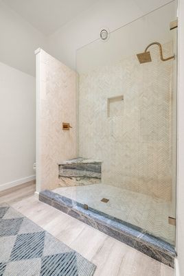 Bathroom, Glass Shower, Interior, Wood Texture Flooring