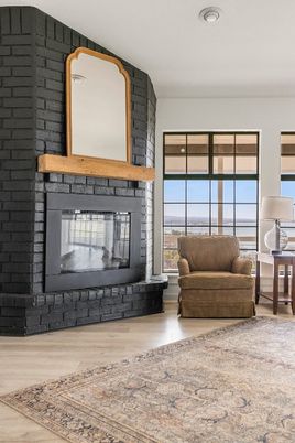 Fireplace, Interior, Recessed Lighting, Stone Walls, Wood Texture Flooring
