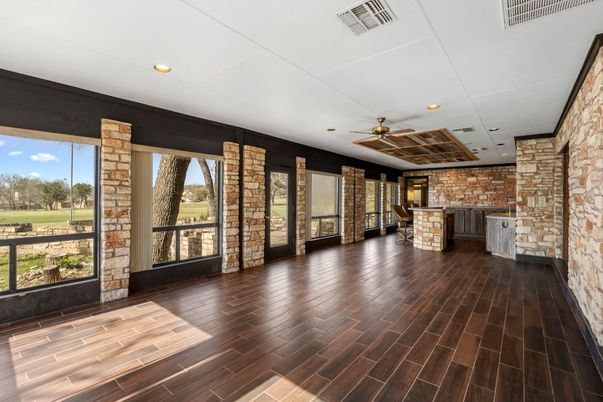 Empty room, Interior, Recessed Lighting, Stone Walls, Wood Texture Flooring