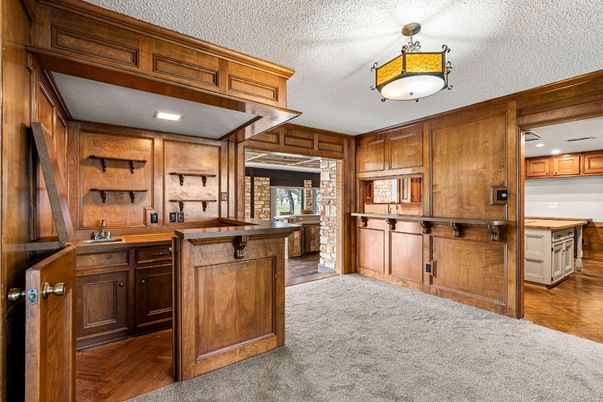Interior, Kitchen, Recessed Lighting, Wood Texture Flooring, Wooden Walls