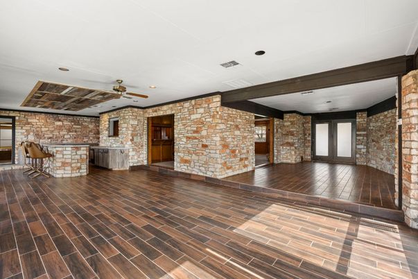 Empty room, Interior, Recessed Lighting, Stone Walls, Wood Texture Flooring