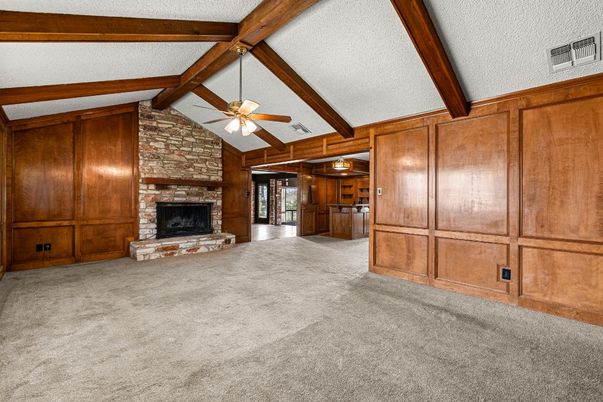 Empty room, Fireplace, Interior, Stone Walls, Wooden Beams, Wooden Walls