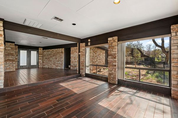 Empty room, Interior, Recessed Lighting, Stone Walls, Wood Texture Flooring