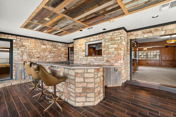 Interior, Recessed Lighting, Stone Walls, Wood Texture Flooring