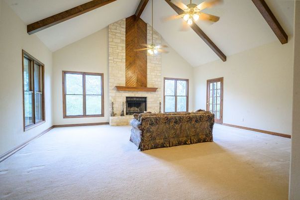 Empty room, Fireplace, Interior, Stone Walls, Wooden Beams