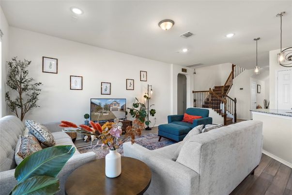 Interior, Living room, Pendant Lights, Recessed Lighting, Wood Texture Flooring
