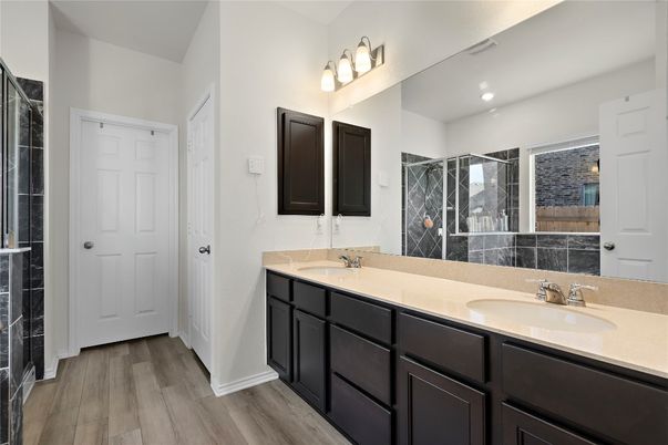 Bathroom, Dual Sink Vanities, Interior, Recessed Lighting, Wood Texture Flooring