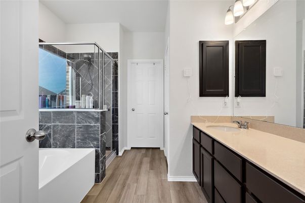 Bathroom, Dual Sink Vanities, Glass Shower, Interior, Wood Texture Flooring
