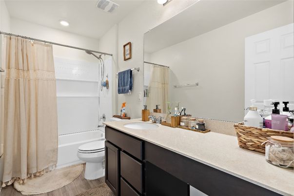 Bathroom, Dual Sink Vanities, Interior, Recessed Lighting, Wood Texture Flooring