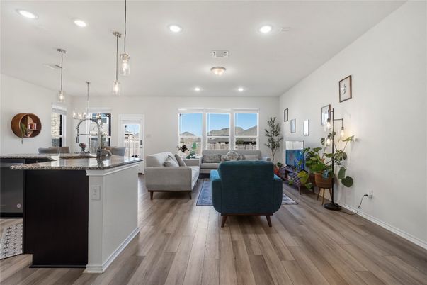Interior, Living room, Pendant Lights, Recessed Lighting, Wood Texture Flooring