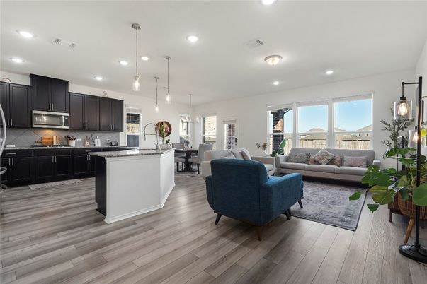 Dining room, Interior, Kitchen, Living room, Pendant Lights, Recessed Lighting, Stainless Steel Appliances, Wood Texture Flooring