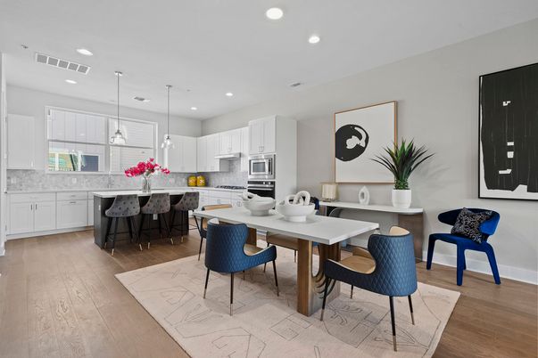 Dining room, Interior, Kitchen, Pendant Lights, Recessed Lighting, Stainless Steel Appliances, Wood Texture Flooring