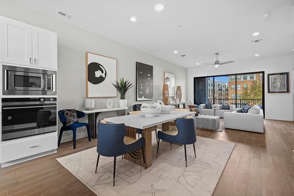 Dining room, Interior, Living room, Recessed Lighting, Stainless Steel Appliances, Wood Texture Flooring