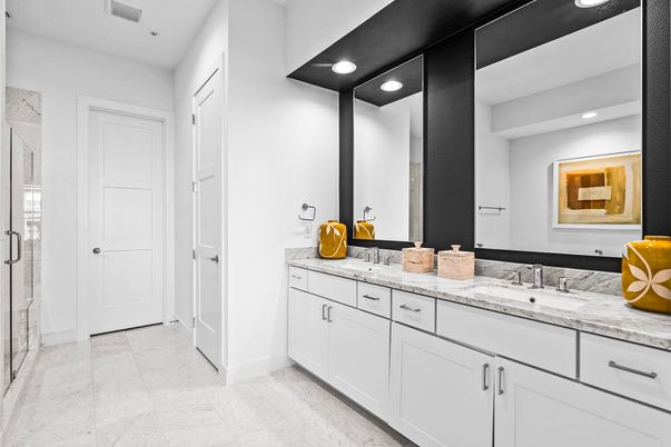 Bathroom, Dual Sink Vanities, Interior, Marble, Recessed Lighting