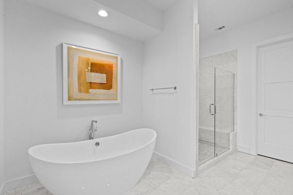 Bathroom, Free Standing Baths, Glass Shower, Interior, Marble, Recessed Lighting
