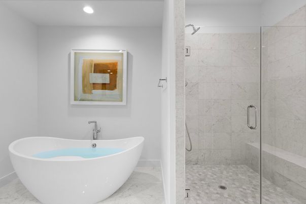 Bathroom, Free Standing Baths, Glass Shower, Interior, Marble, Marble Walls, Recessed Lighting