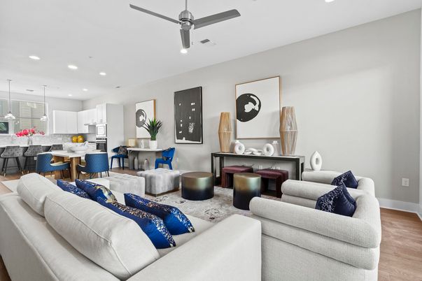 Dining room, Interior, Kitchen, Living room, Pendant Lights, Recessed Lighting, Wood Texture Flooring