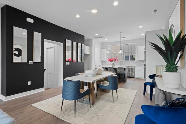 Dining room, Interior, Kitchen, Pendant Lights, Recessed Lighting, Wood Texture Flooring