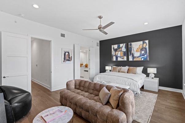 Bedroom, Interior, Recessed Lighting, Wood Texture Flooring