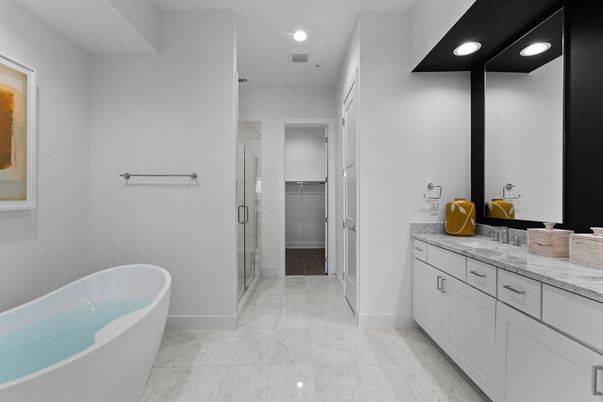 Bathroom, Dual Sink Vanities, Free Standing Baths, Glass Shower, Interior, Marble, Recessed Lighting