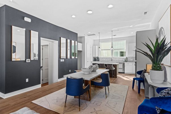 Dining room, Interior, Kitchen, Pendant Lights, Recessed Lighting, Wood Texture Flooring