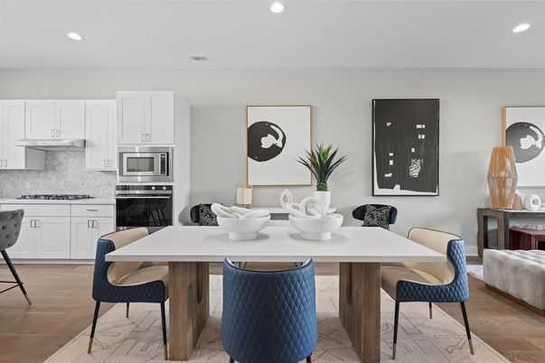 Dining room, Interior, Kitchen, Recessed Lighting, Stainless Steel Appliances, Wood Texture Flooring