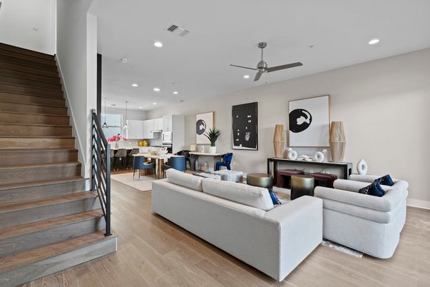 Dining room, Interior, Kitchen, Living room, Pendant Lights, Recessed Lighting, Stainless Steel Appliances, Wood Texture Flooring