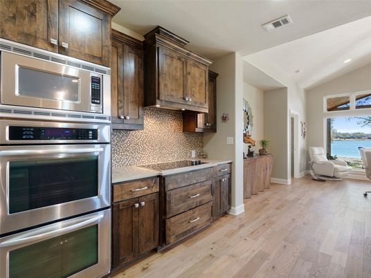 Interior, Kitchen, Recessed Lighting, Stainless Steel Appliances, Water, Wood Texture Flooring