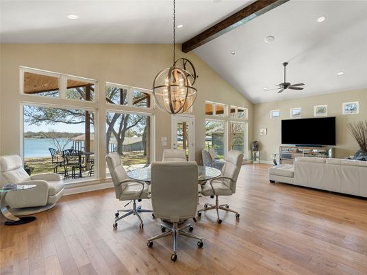 Chandelier, Dining room, Interior, Living room, Pendant Lights, Recessed Lighting, Water, Wooden Beams, Wood Texture Flooring