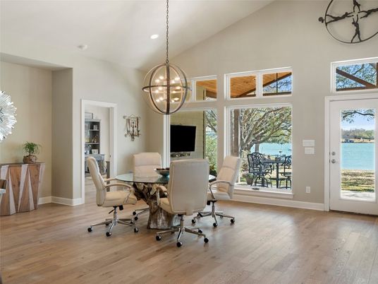 Dining room, Interior, Pendant Lights, Recessed Lighting, Water, Wood Texture Flooring