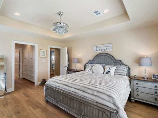 Bedroom, Chandelier, Interior, Recessed Lighting, Wood Texture Flooring