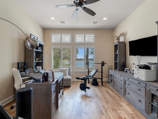Fitness Equipment, Home Office, Interior, Recessed Lighting, Water, Wood Texture Flooring