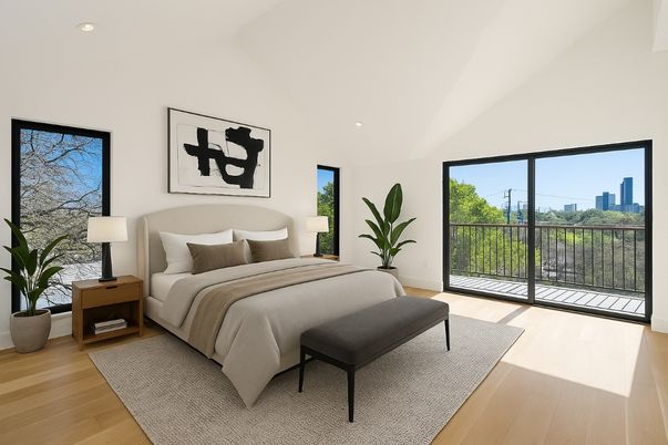 Bedroom, Interior, Recessed Lighting, Wood Texture Flooring