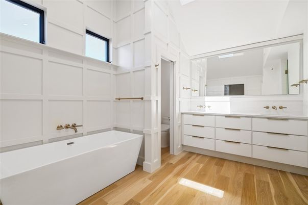 Bathroom, Dual Sink Vanities, Free Standing Baths, Interior, Wood Texture Flooring