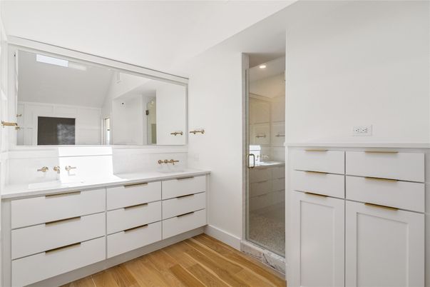 Bathroom, Dual Sink Vanities, Interior, Recessed Lighting, Wood Texture Flooring