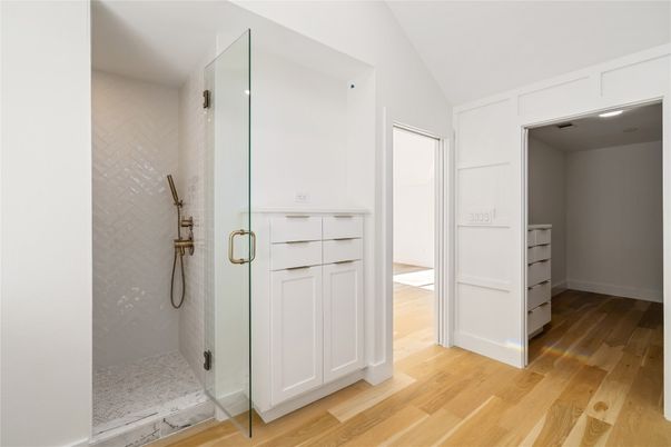 Bathroom, Glass Shower, Interior, Wood Texture Flooring