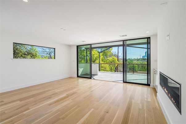 Empty room, Fireplace, Interior, Recessed Lighting, Wood Texture Flooring