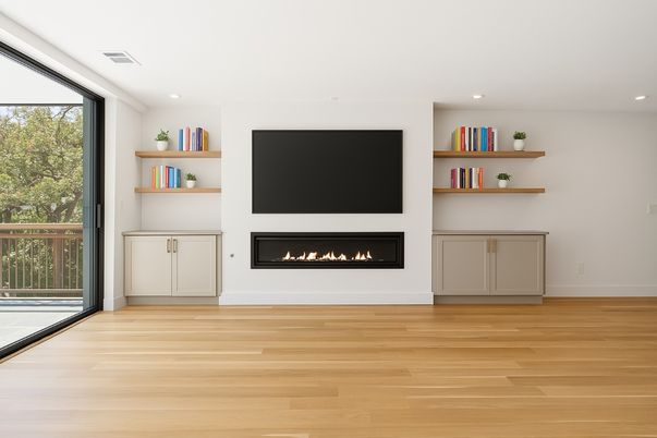 Fireplace, Interior, Recessed Lighting, Wood Texture Flooring