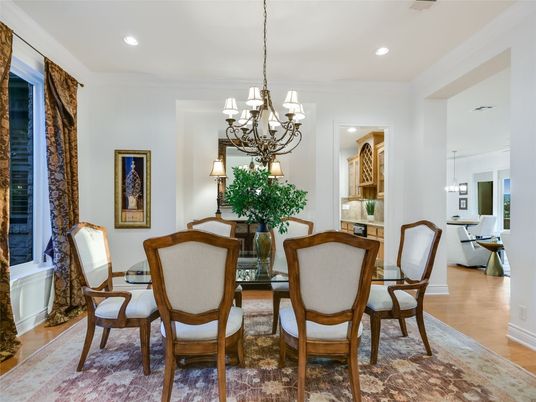 Chandelier, Dining room, Interior, Recessed Lighting, Wood Texture Flooring