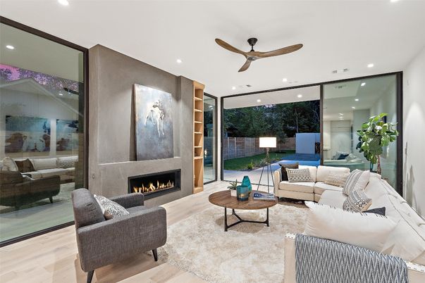 Fireplace, Interior, Living room, Recessed Lighting, Wood Texture Flooring