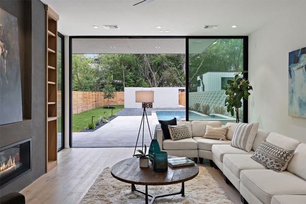 Fireplace, Interior, Living room, Recessed Lighting, Wood Texture Flooring