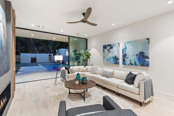Fireplace, Interior, Living room, Recessed Lighting, Wood Texture Flooring