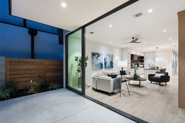 Interior, Kitchen, Living room, Pendant Lights, Recessed Lighting, Stainless Steel Appliances, Wood Texture Flooring, Wooden Walls