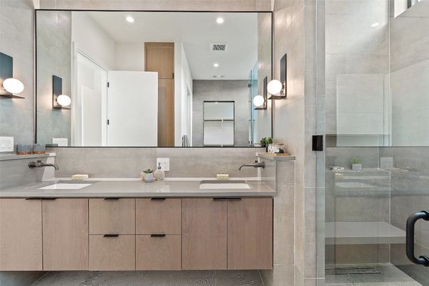 Bathroom, Dual Sink Vanities, Glass Shower, Interior, Recessed Lighting