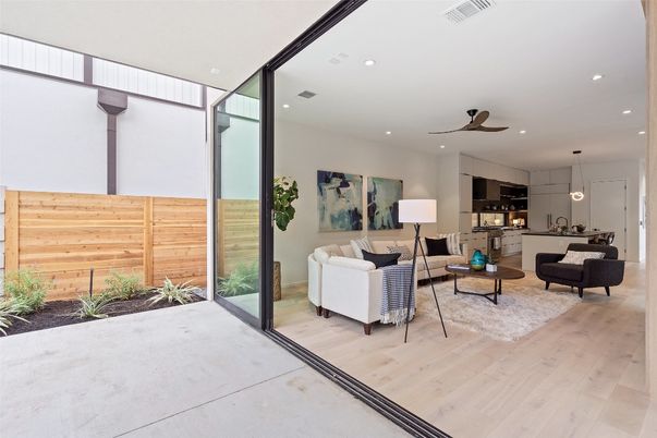 Interior, Living room, Pendant Lights, Recessed Lighting, Wood Texture Flooring, Wooden Walls