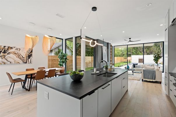 Dining room, Interior, Kitchen, Living room, Pendant Lights, Recessed Lighting, Wood Texture Flooring